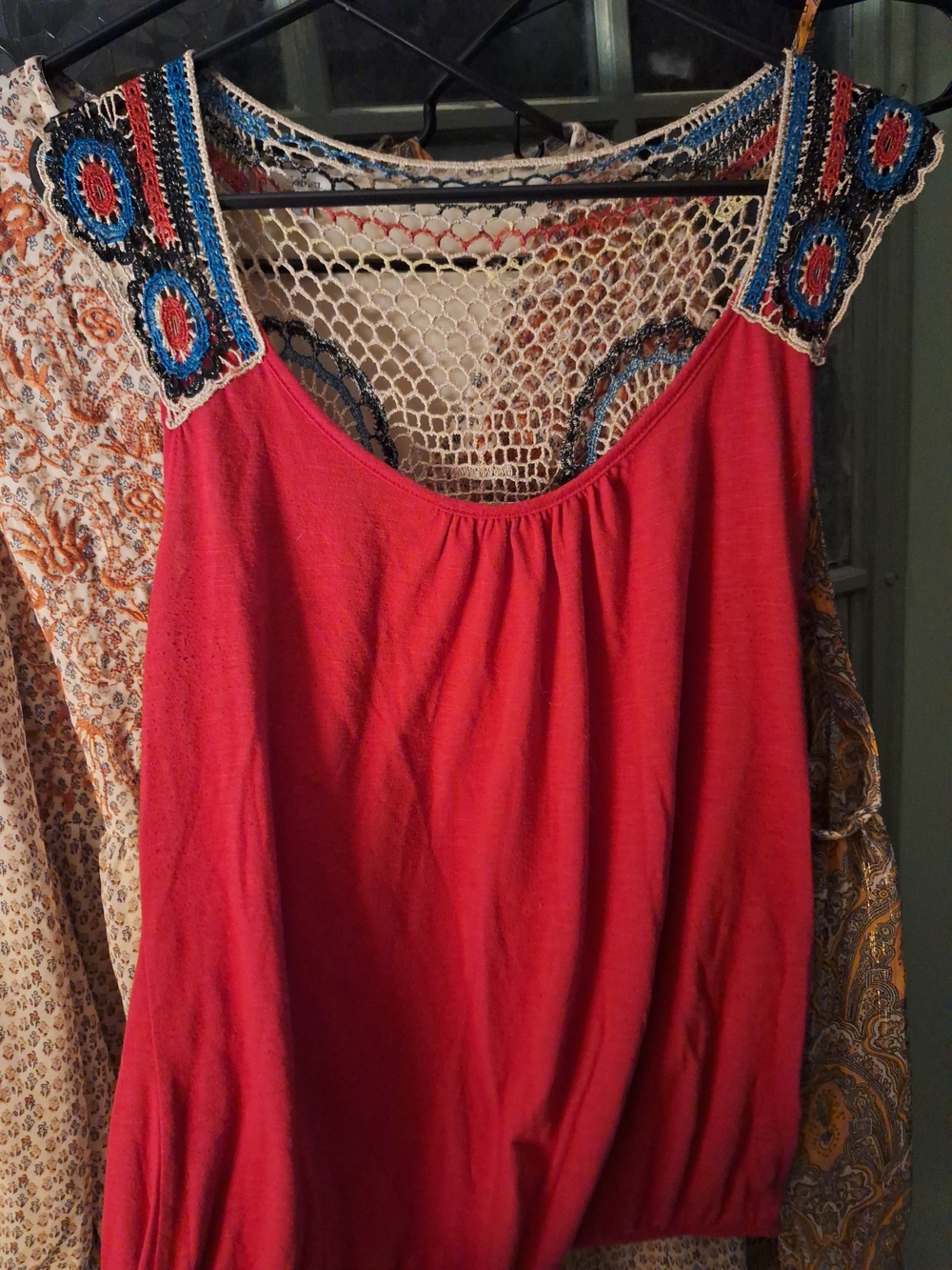 Cato Red Sleeveless Top with Crocheted Multicolor Trim